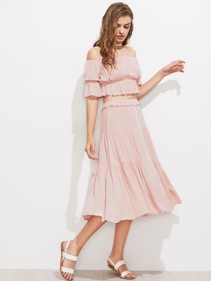 Shein Shirred Ruffle Bardot Top & Tiered Skirt Co-ord