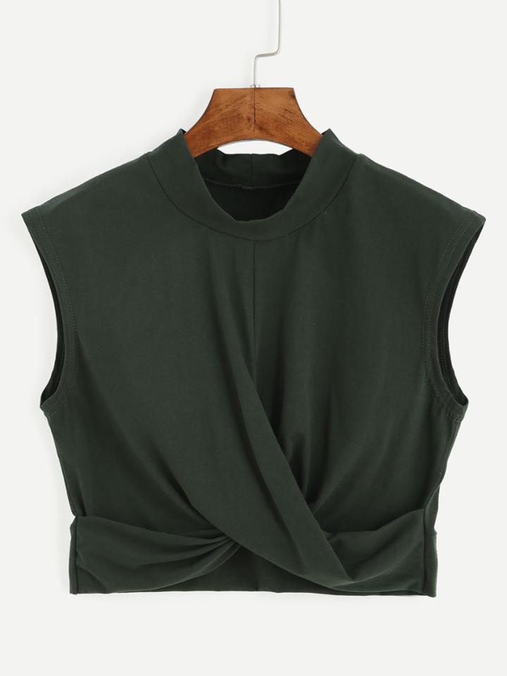 Shein Olive Green Mock Neck Crop Knot Tank Top
