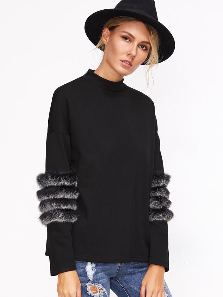 Shein Black Drop Shoulder Striped Fur Trim T-shirt