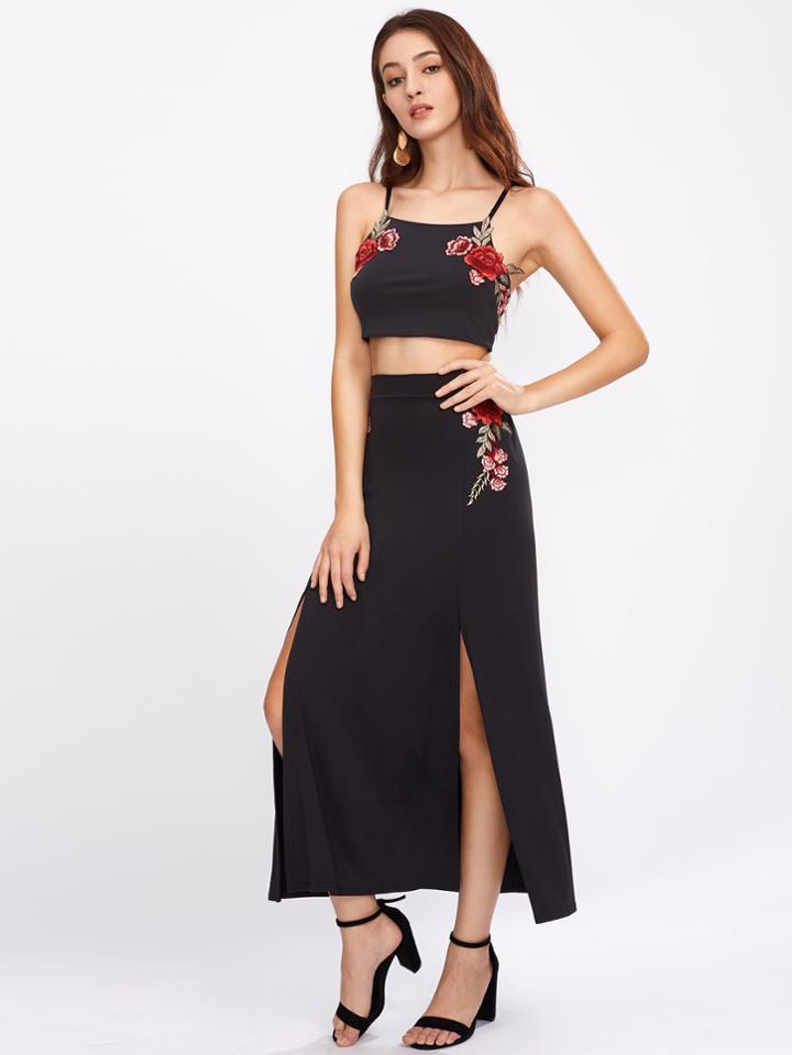 Shein Embroidered Appliques Tie Back Cami Top With M-slit Skirt