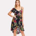 Shein Floral Print Ruffle Trim Asymmetrical Dress