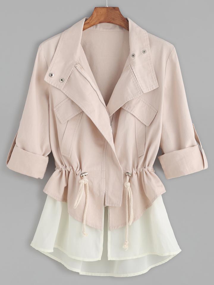 Shein Pink Roll Sleeve Drawstring Jacket With Contrast Trim