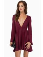 Shein Wine Red Long Sleeve V Neck Pleated Dress