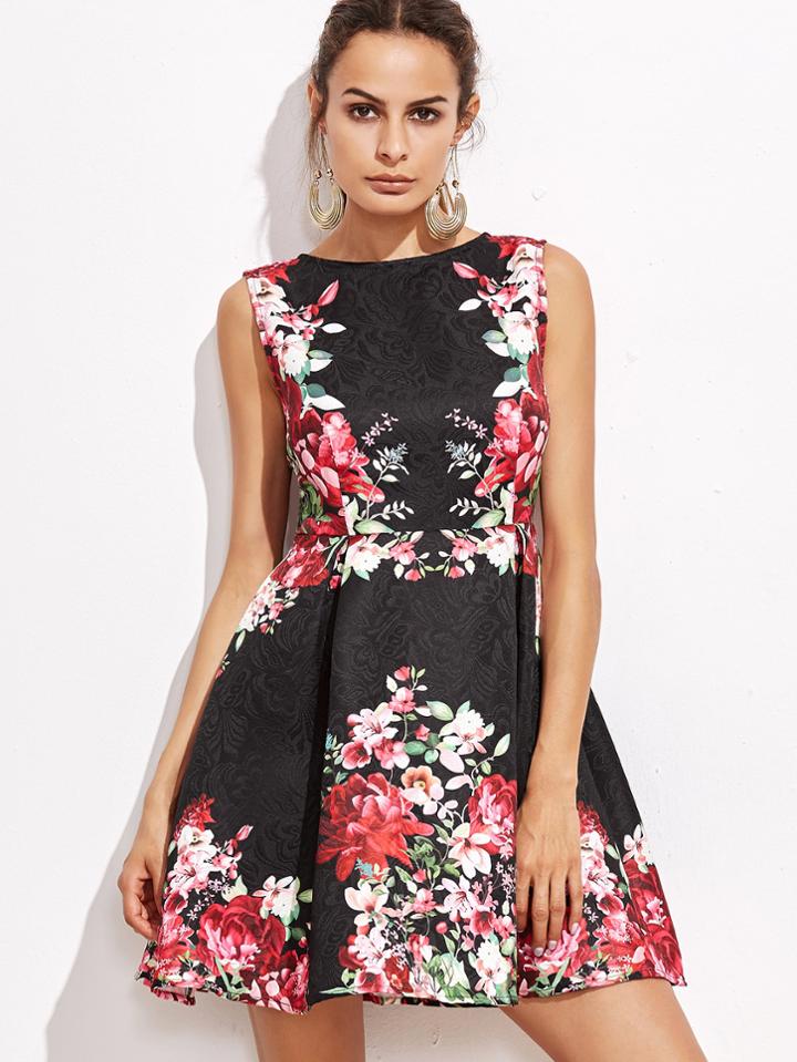 Shein Black Flower Print Jacquard Skater Dress