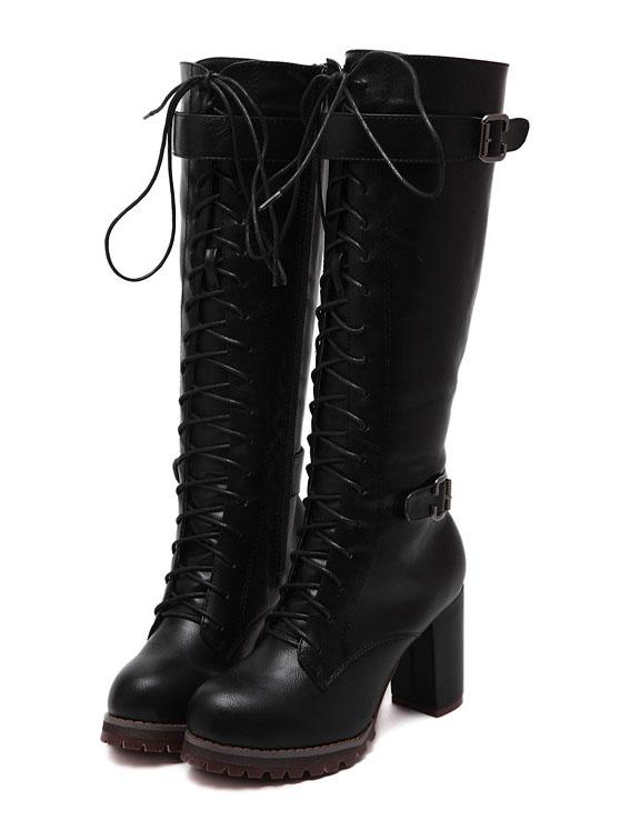 Shein Black High Block Heel Lace Up High Boots