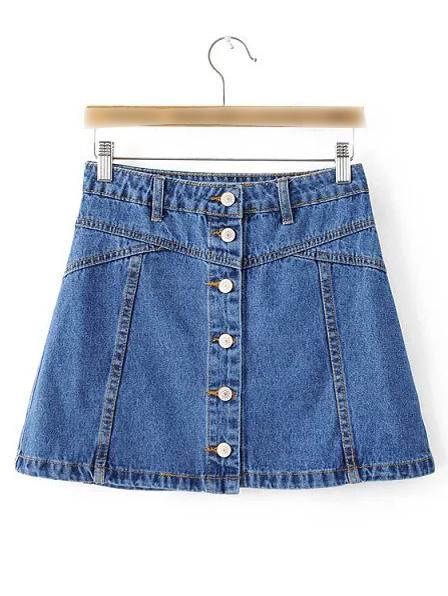 Shein Blue Single Breasted Casual Denim Skirt