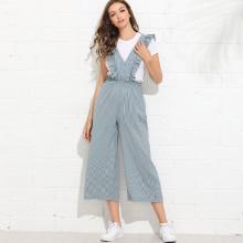 Shein Ruffle Trim Pinstriped Wide Leg Pinafore Jumpsuit