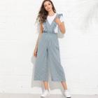 Shein Ruffle Trim Pinstriped Wide Leg Pinafore Jumpsuit