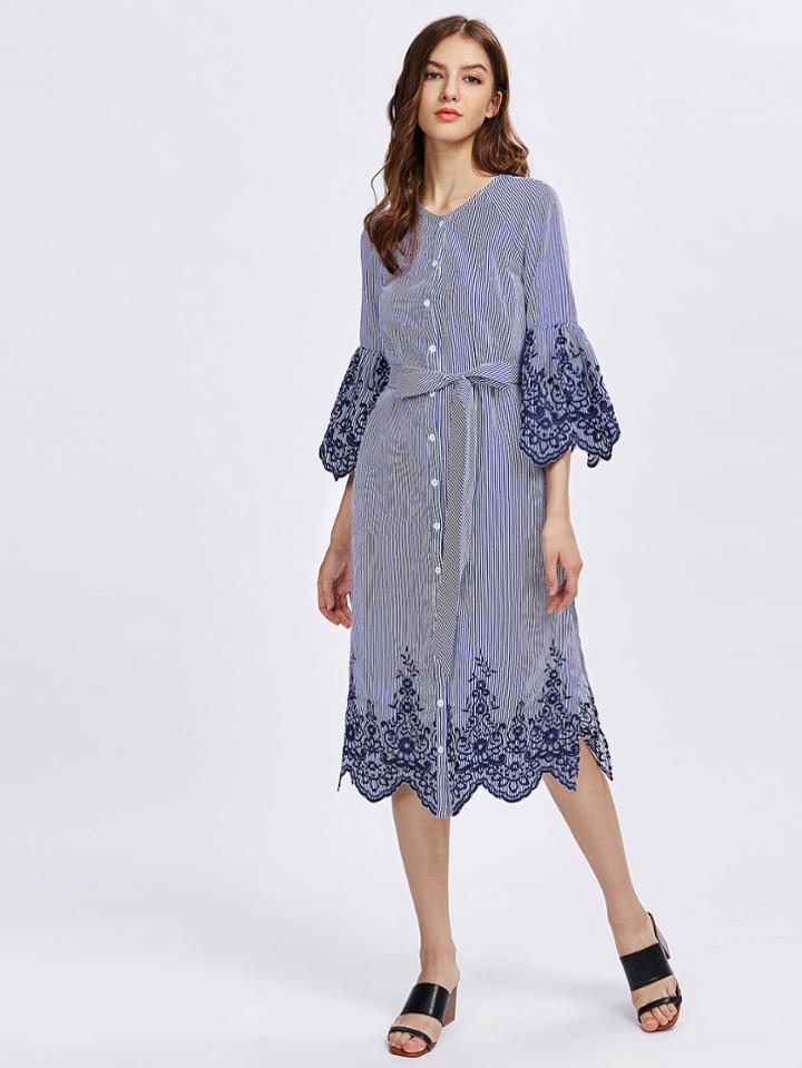 Shein Fluted Sleeve Self Tie Side Slit Pinstriped Shirt Dress