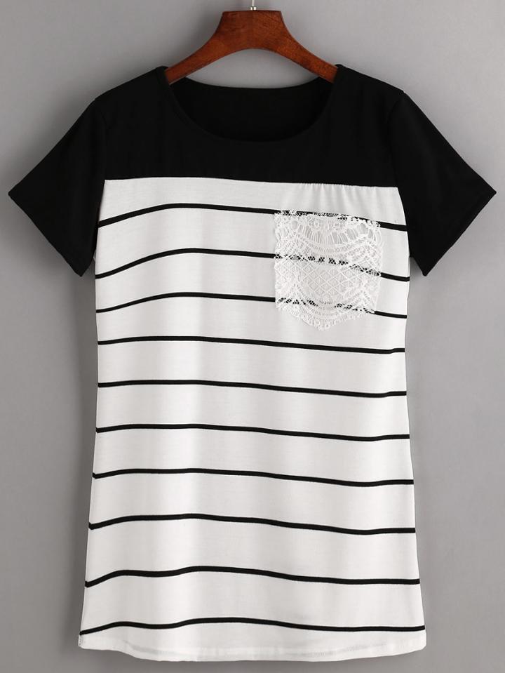 Shein Color Block Contrast Lace Pocket Striped T-shirt