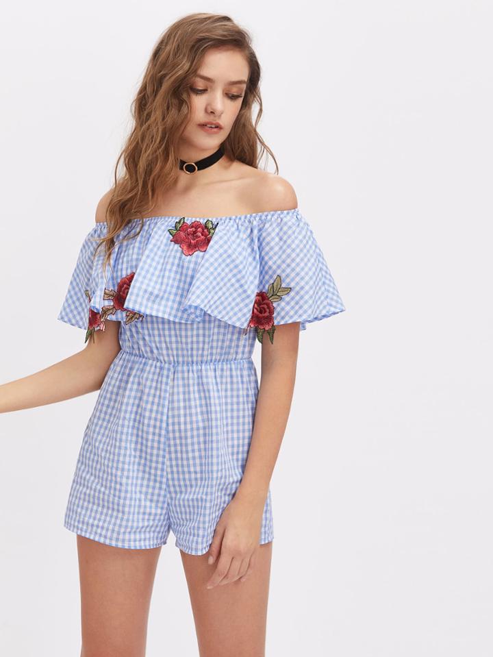 Shein Embroidered Rose Applique Checkered Frill Bardot Romper