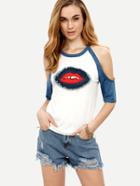 Shein Multicolor Lip Print Cold Shoulder T-shirt