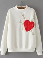 Shein White Stand Collar Heart Arrow Embroidered Sweatshirt
