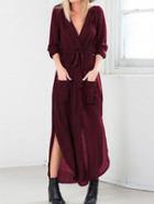 Shein Red Surplice Deep V Neck Self-tie Elegantly Pockets Chiffon Dress