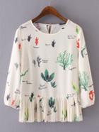 Shein Beige Printed Elastic Cuff Broomstick Blouse