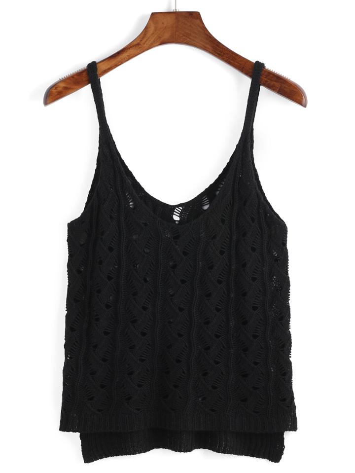Shein Dip Hem Hollow Out Black Tank Top