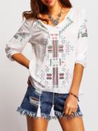 Shein White Tribal Embroidered Loose Dip Hem Blouse