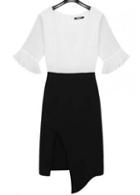 Rosewe Laconic White And Black Color Blocking High Low Dress