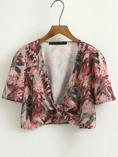 Shein Plunging V-neckline Knot Front Crop Top