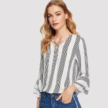 Shein Crisscross Neck Layered Bell Sleeve Striped Top