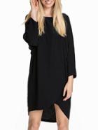 Shein Black Long Sleeve Bat Sleeve High Low Wraped Dress