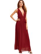 Shein Red Deep V Neck Self-tie Waist Maxi Dress