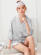 Shein Flamingo Embroidered Back Pajama Set With Eye Mask