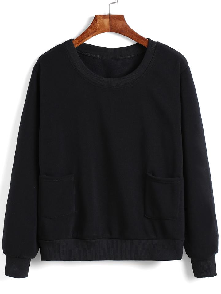 Shein Black Crew Neck Pockets Crop Sweatshirt