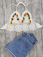 Shein Tassel Design Triangle Crochet Bikini Top