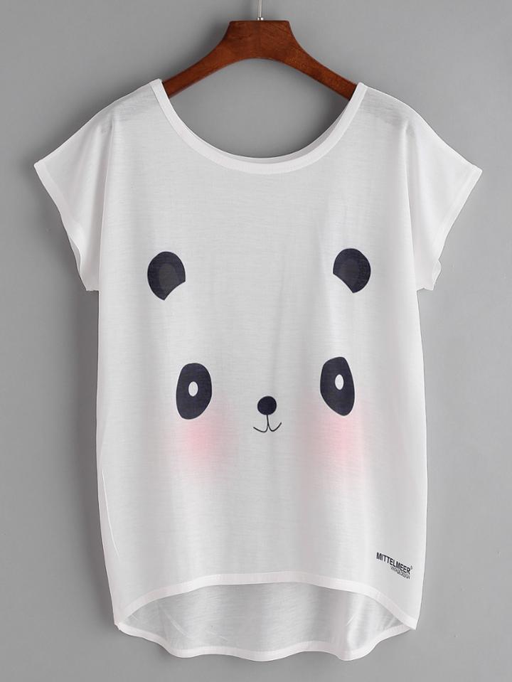 Shein Panda Print Batwing Sleeve Dip Hem Tee