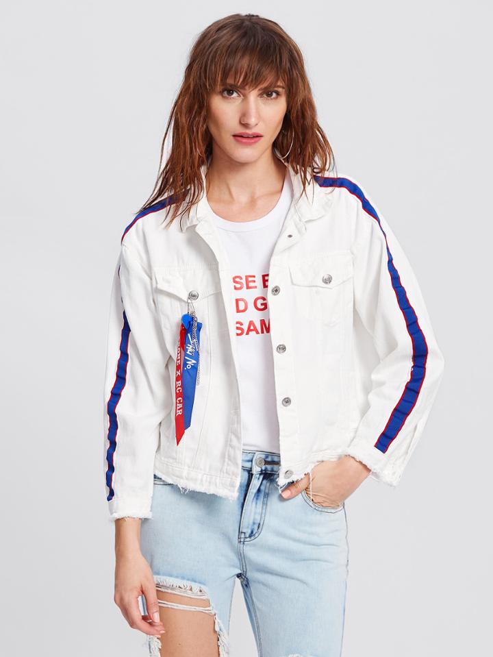 Shein Ribbon And Chain Frayed Hem Denim Jacket