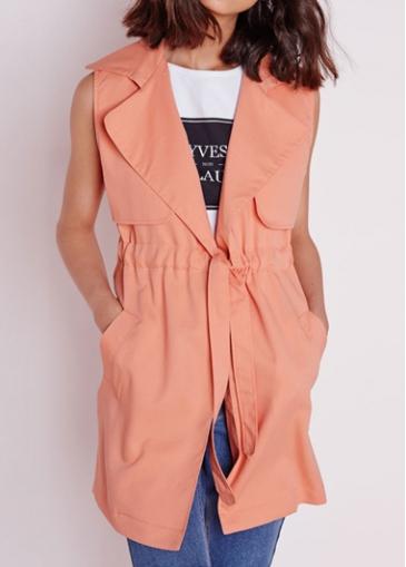 Rosewe Pocket Embellished Turndown Collar Sleeveless Trench Coat
