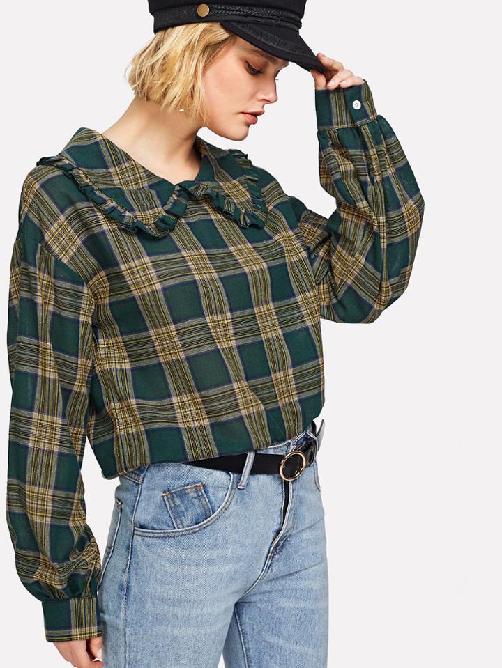 Shein Frill Trim Tartan Plaid Blouse