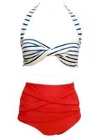 Rosewe Halter Neck Stripe Print White And Red Bikini