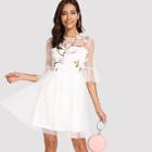 Shein Botanical Embroidered Flounce Sleeve Mesh Overlay Dress