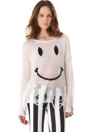 SheIn White Smile Face Dropped Shoulder Ripped Sweater