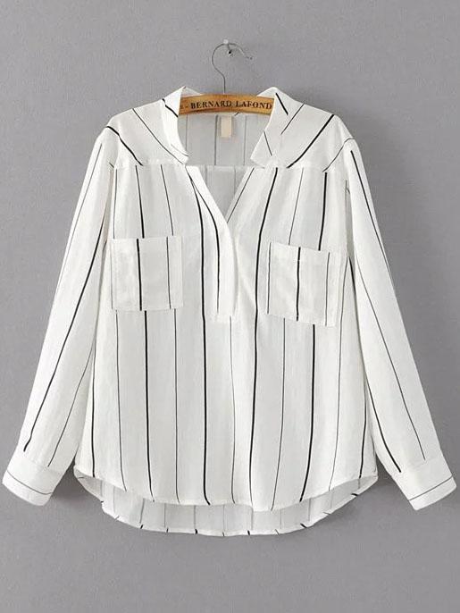 Shein White Vertical Striped Dip Hem Blouse