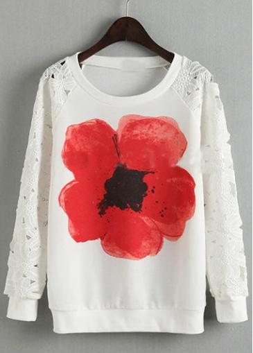 Rosewe Lace Patchwork Flower Print White Sweats