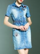 Shein Blue Lapel Elastic-waist Denim Dress