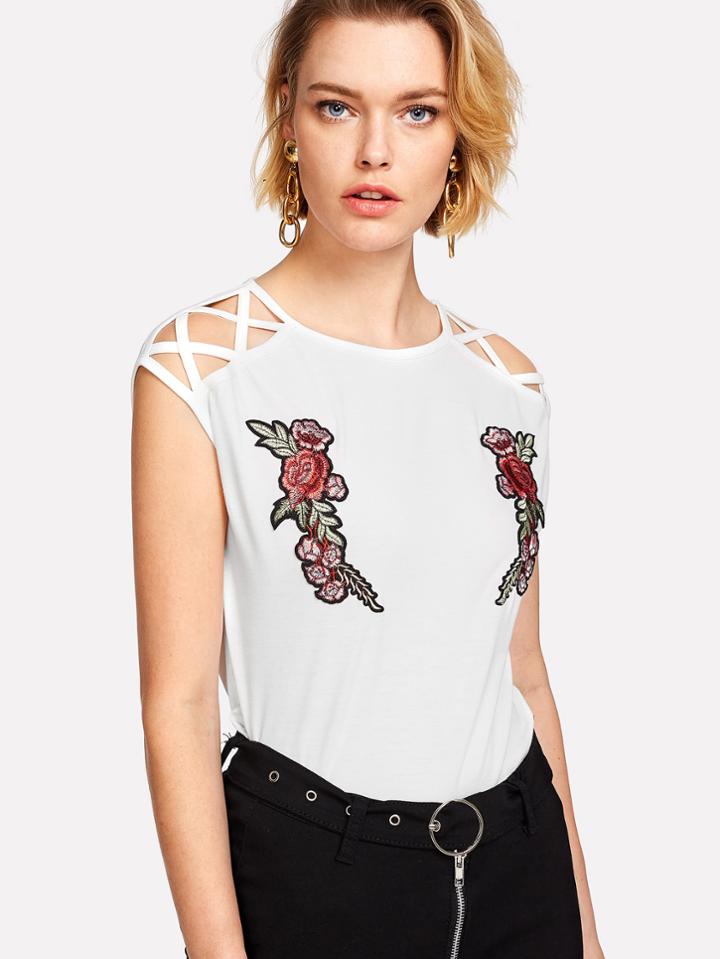 Shein Flower Applique Cutout Shoulder Sleeveless Tee
