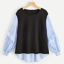 Shein Plus Contrast Ruffle Pinstripe Sleeve Top