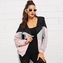 Shein Color Block Drawstring Detail Hooded Windbreaker Jacket
