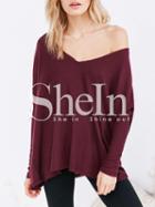 Shein Burgundy V Neck Ribbed Loose T-shirt