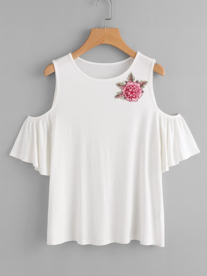 Shein 3d Flower Patch Flutter Sleeve Tee