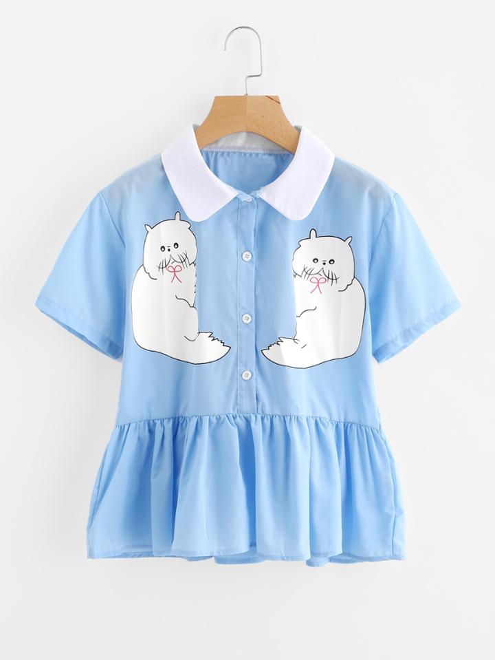 Shein Symmetric Cartoon Print Babydoll Blouse
