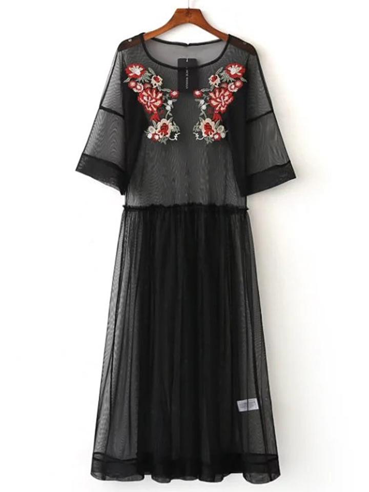 Shein Flower Embroidery Mesh Maxi Dress