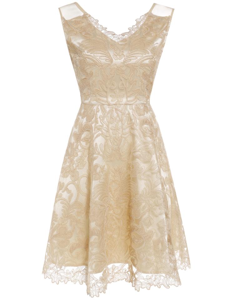 Shein Apricot V Neck Gauze Disc Flowers Dress