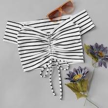Shein Off Shoulder Drawstring Striped Crop Tee