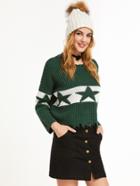Shein Green Drop Shoulder Contrast Star Pattern Frayed Trim Sweater