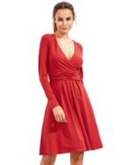 Shein Burgundy V Neck Long Sleeve Ruched Dress